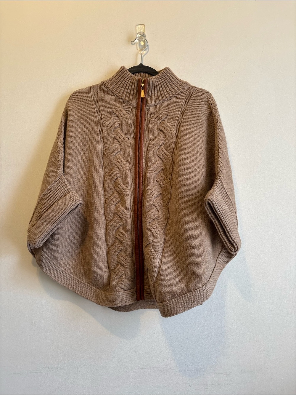 Brooks Brothers Taupe Zip-Front Cable Poncho